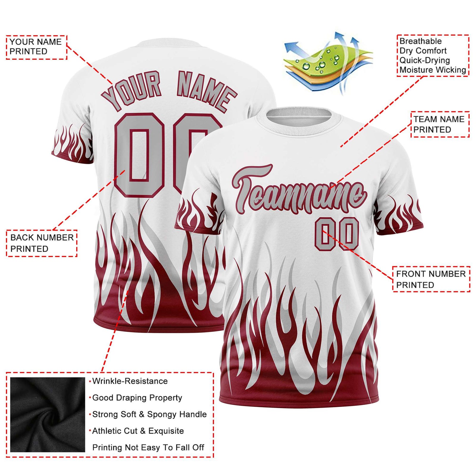Custom White Crimson 3D Pattern Design Flame Performance T-Shirt