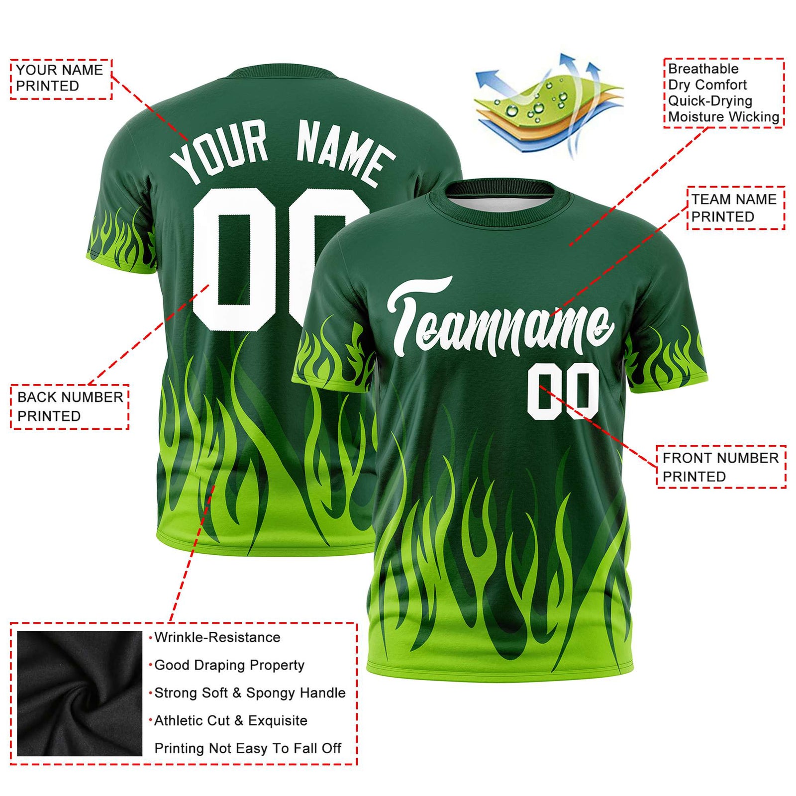 Custom Green Neon Green 3D Pattern Design Flame Performance T-Shirt