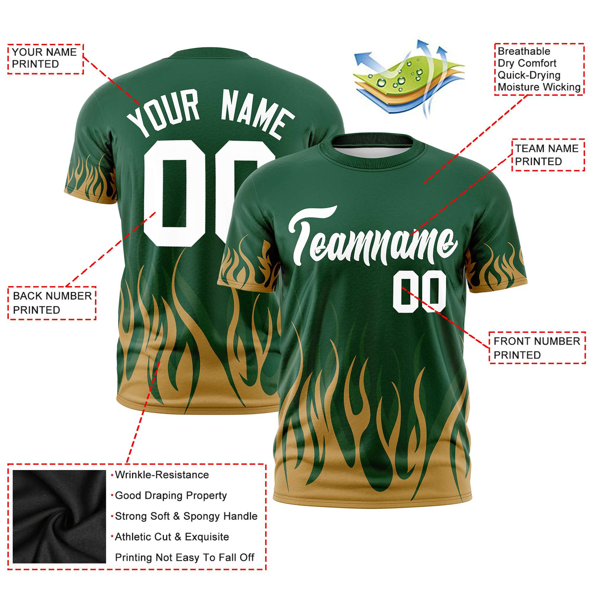 Custom Green Old Gold 3D Pattern Design Flame Performance T-Shirt