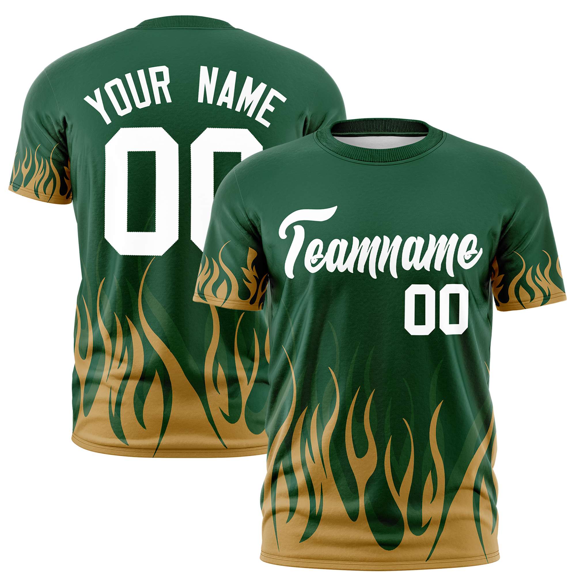 Custom Green Old Gold 3D Pattern Design Flame Performance T-Shirt