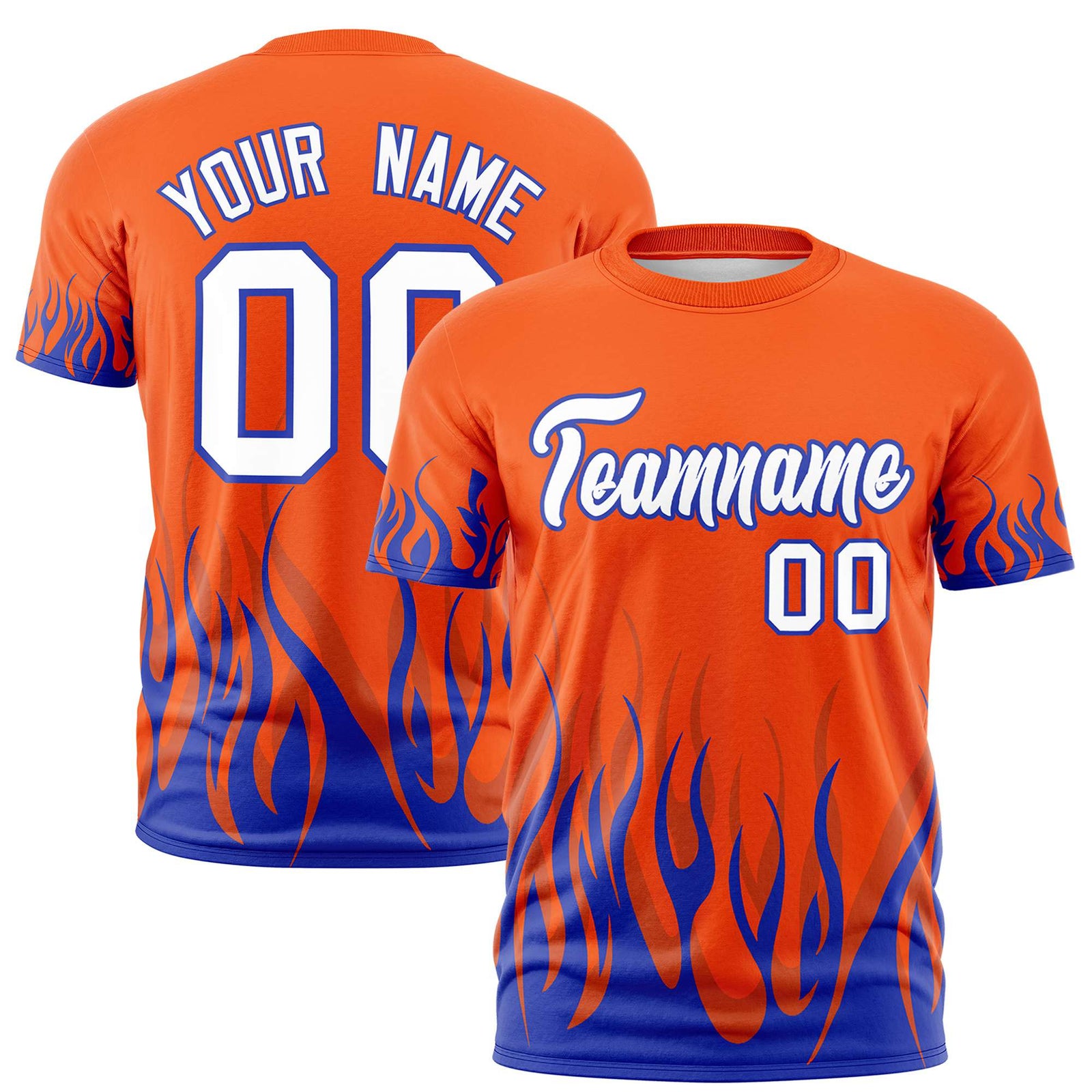 Custom Orange Royal Blue 3D Pattern Design Flame Performance T-Shirt
