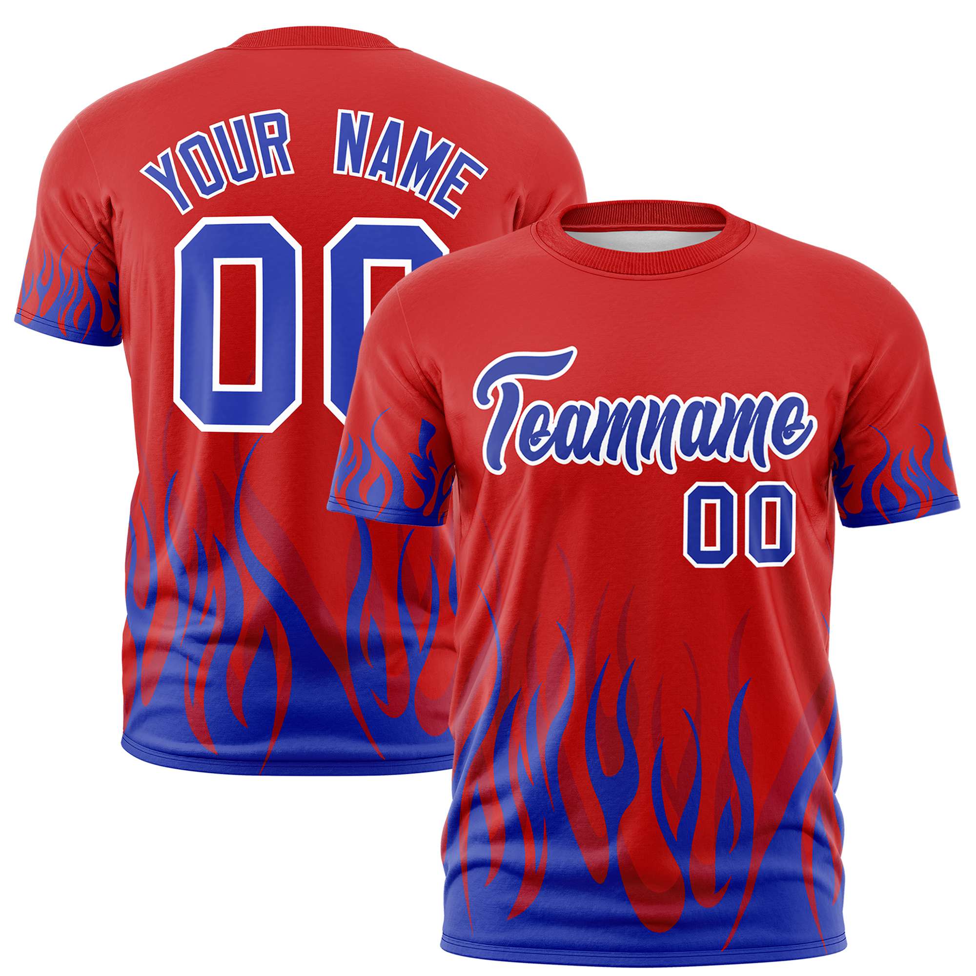 Custom Red Royal Blue 3D Pattern Design Flame Performance T-Shirt