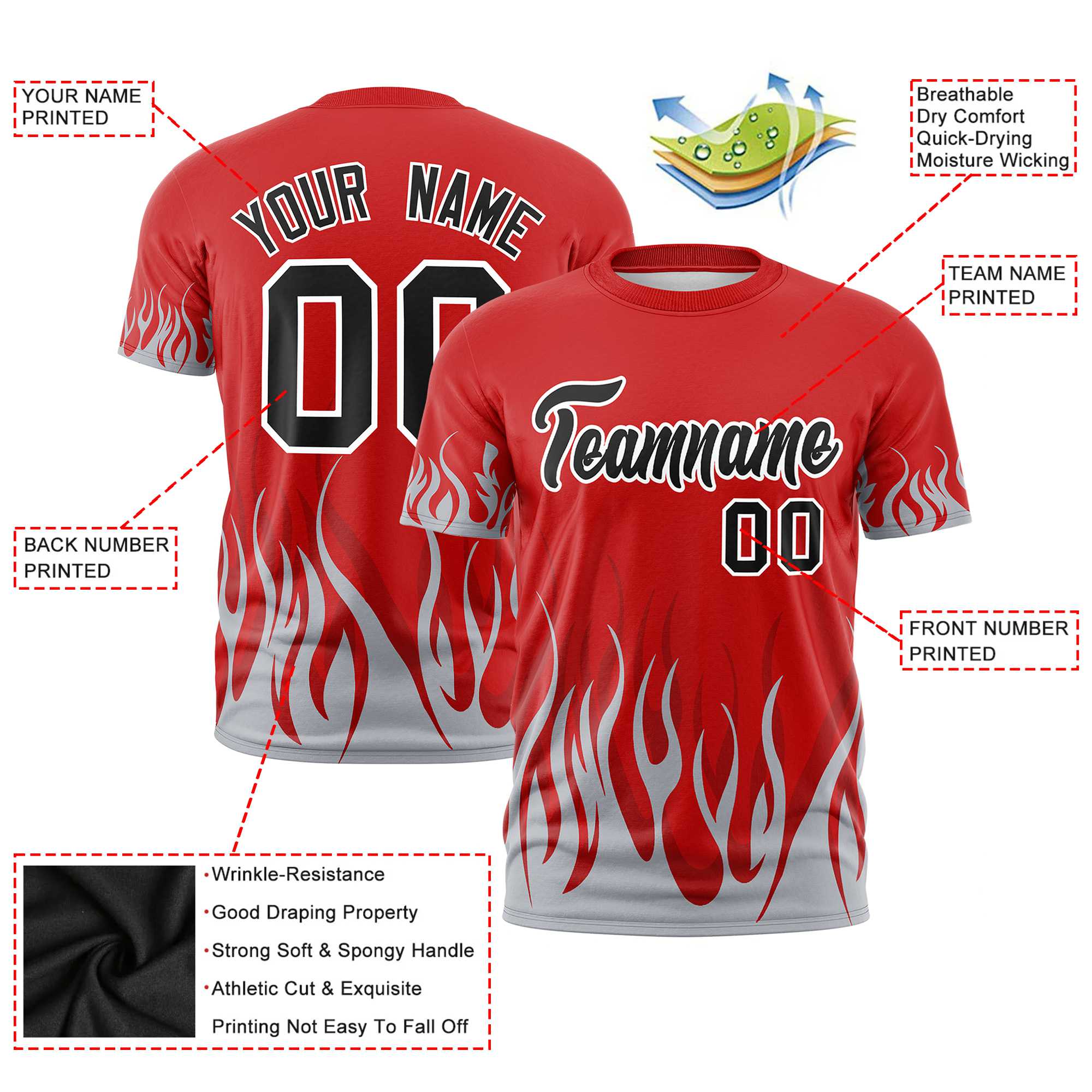 Custom Red Gray 3D Pattern Design Flame Performance T-Shirt