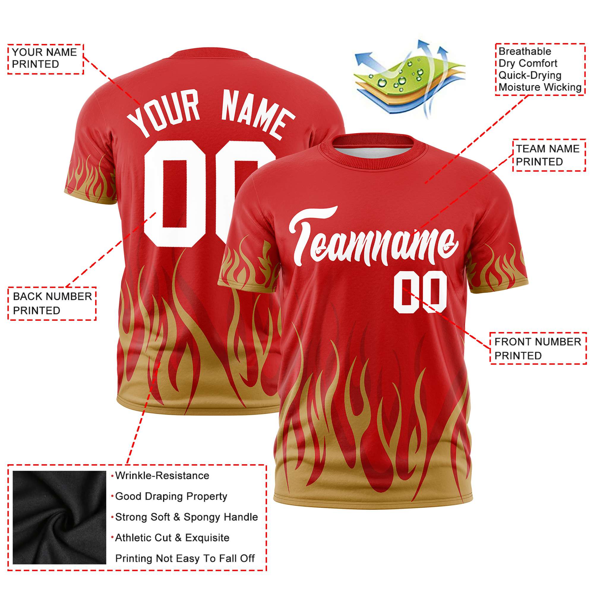 Custom Red Old Gold 3D Pattern Design Flame Performance T-Shirt