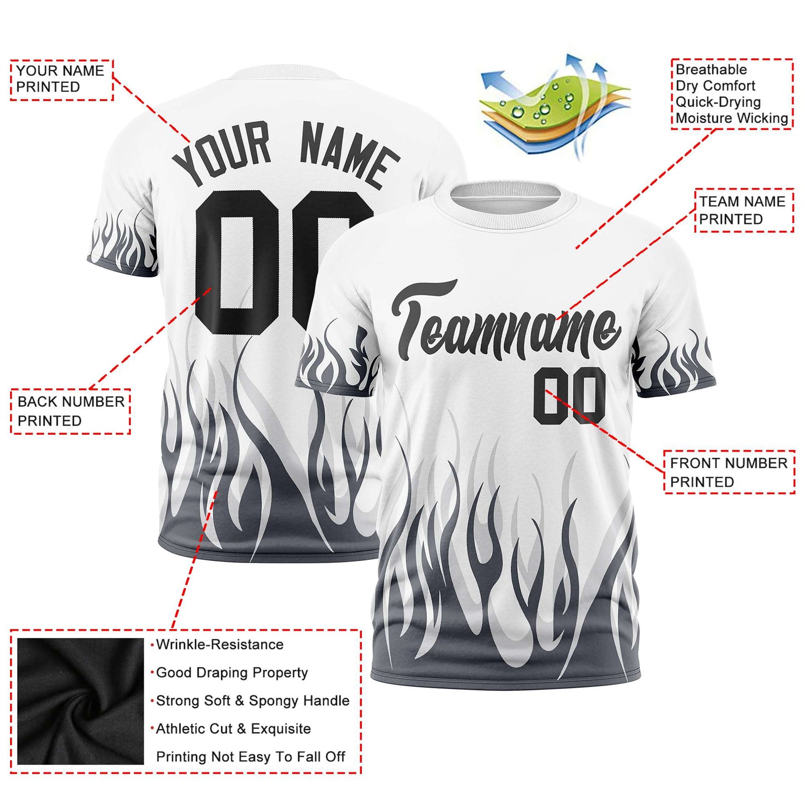 Custom White Gray 3D Pattern Design Flame Performance T-Shirt