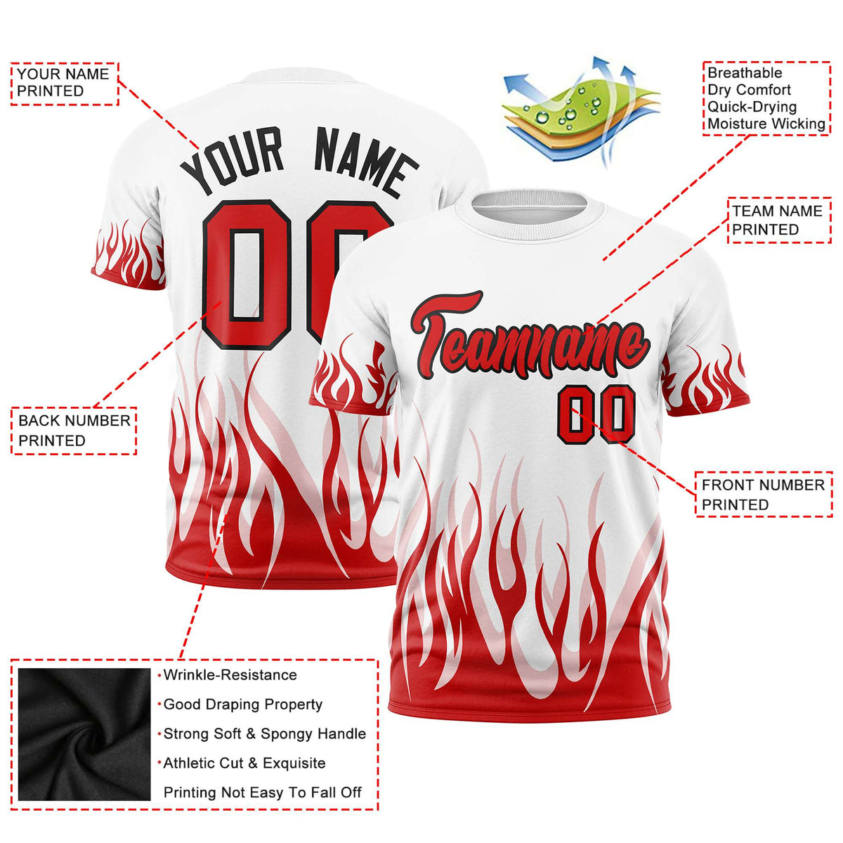 Custom White Red 3D Pattern Design Flame Performance T-Shirt
