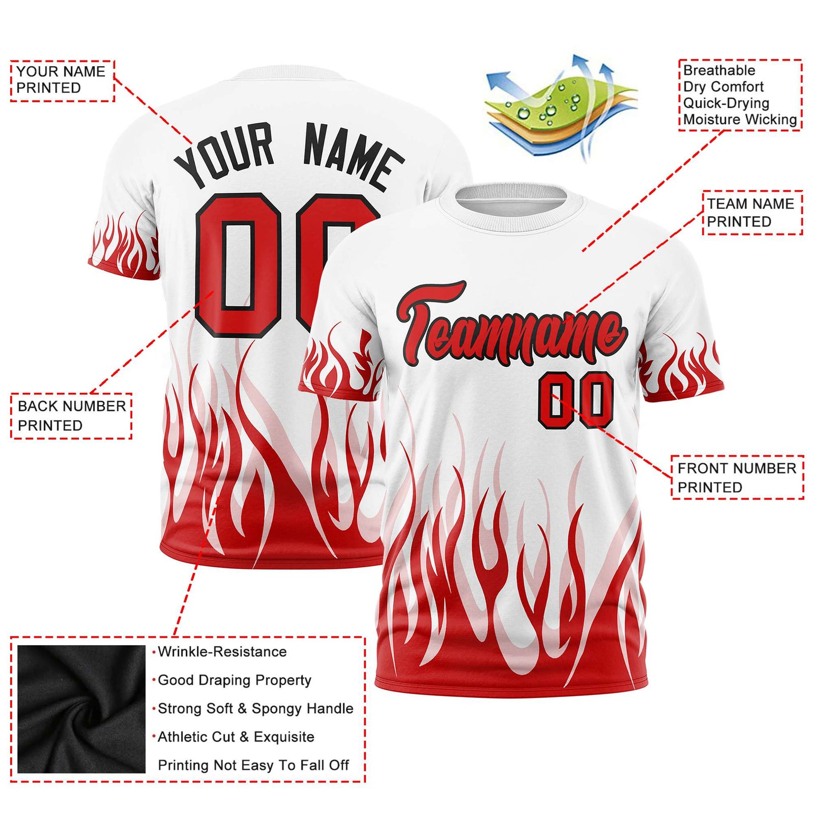 Custom White Red 3D Pattern Design Flame Performance T-Shirt