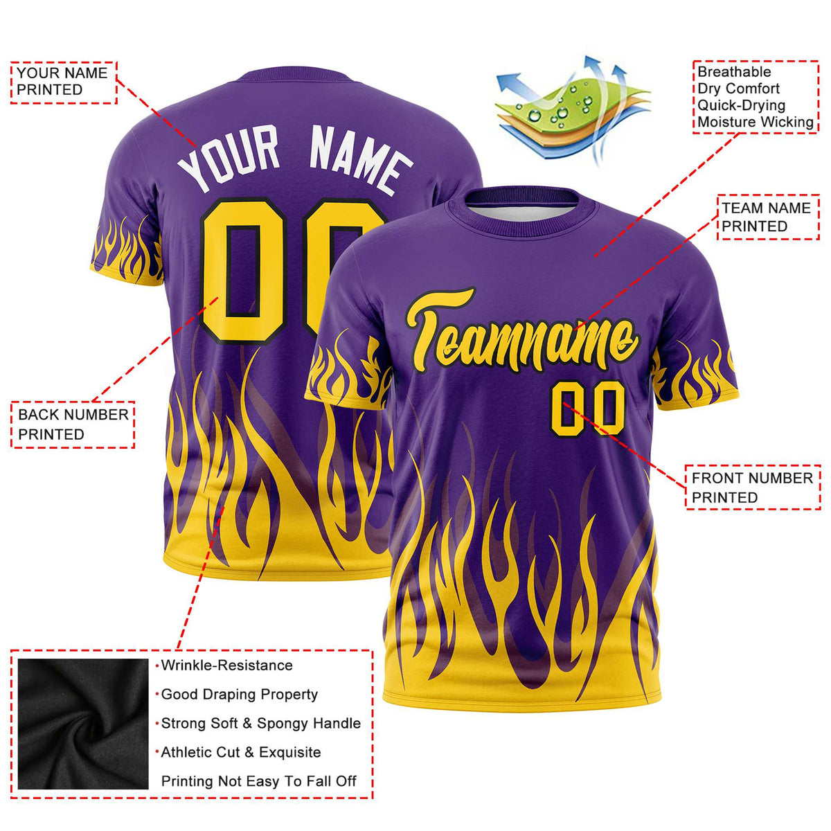Custom Purple Old Gold 3D Pattern Design Flame Performance T-Shirt