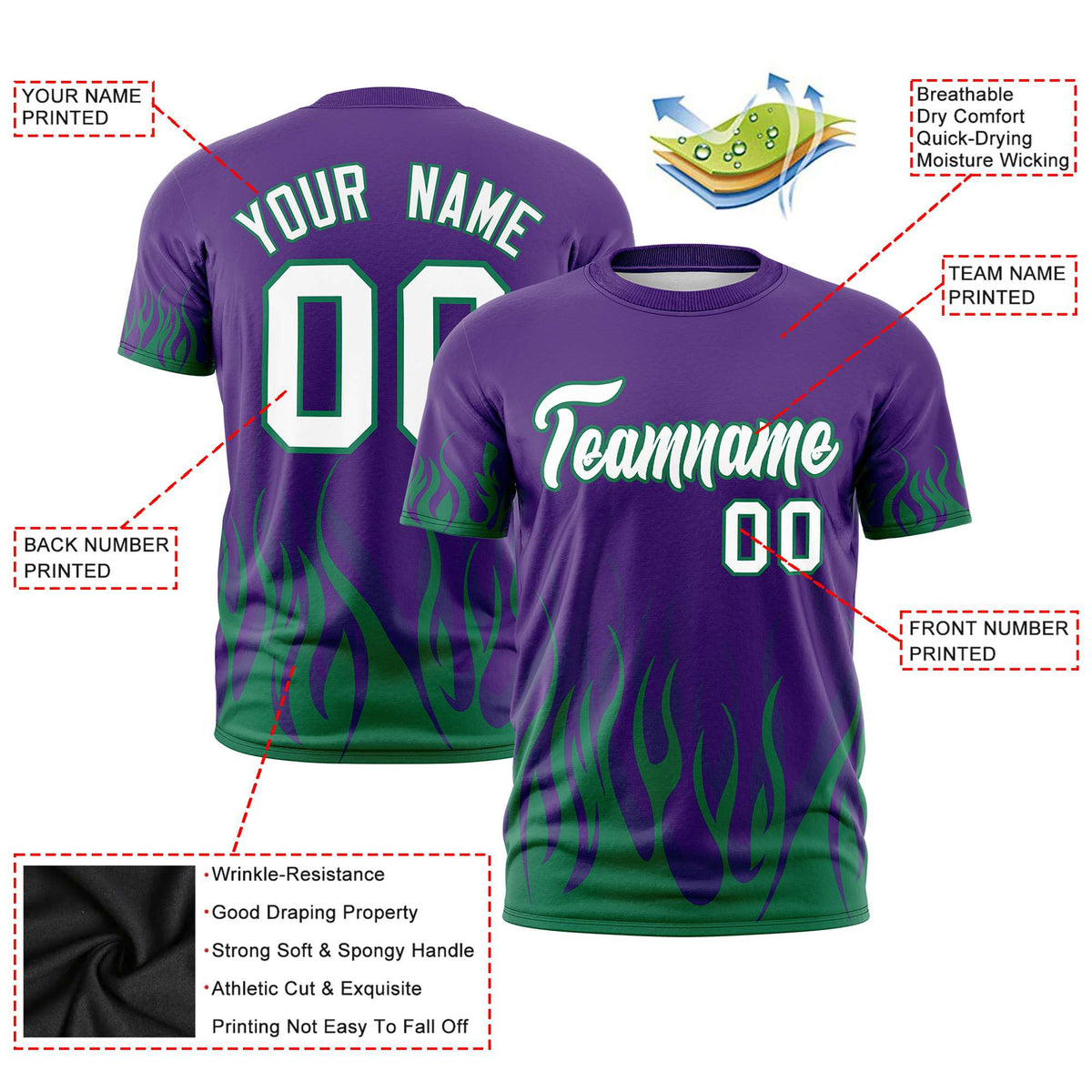 Custom Purple Teal 3D Pattern Design Flame Performance T-Shirt