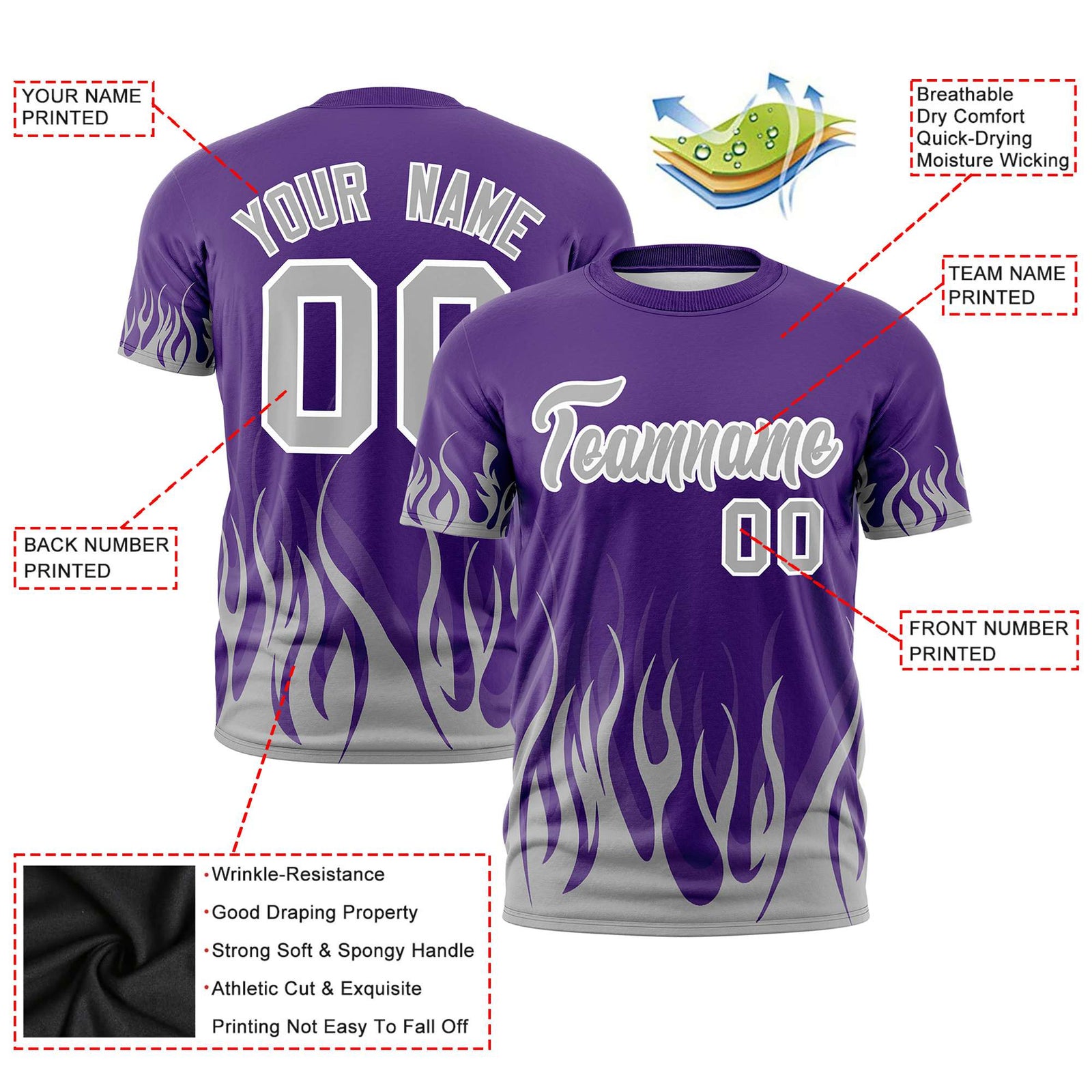 Custom Purple Gray 3D Pattern Design Flame Performance T-Shirt