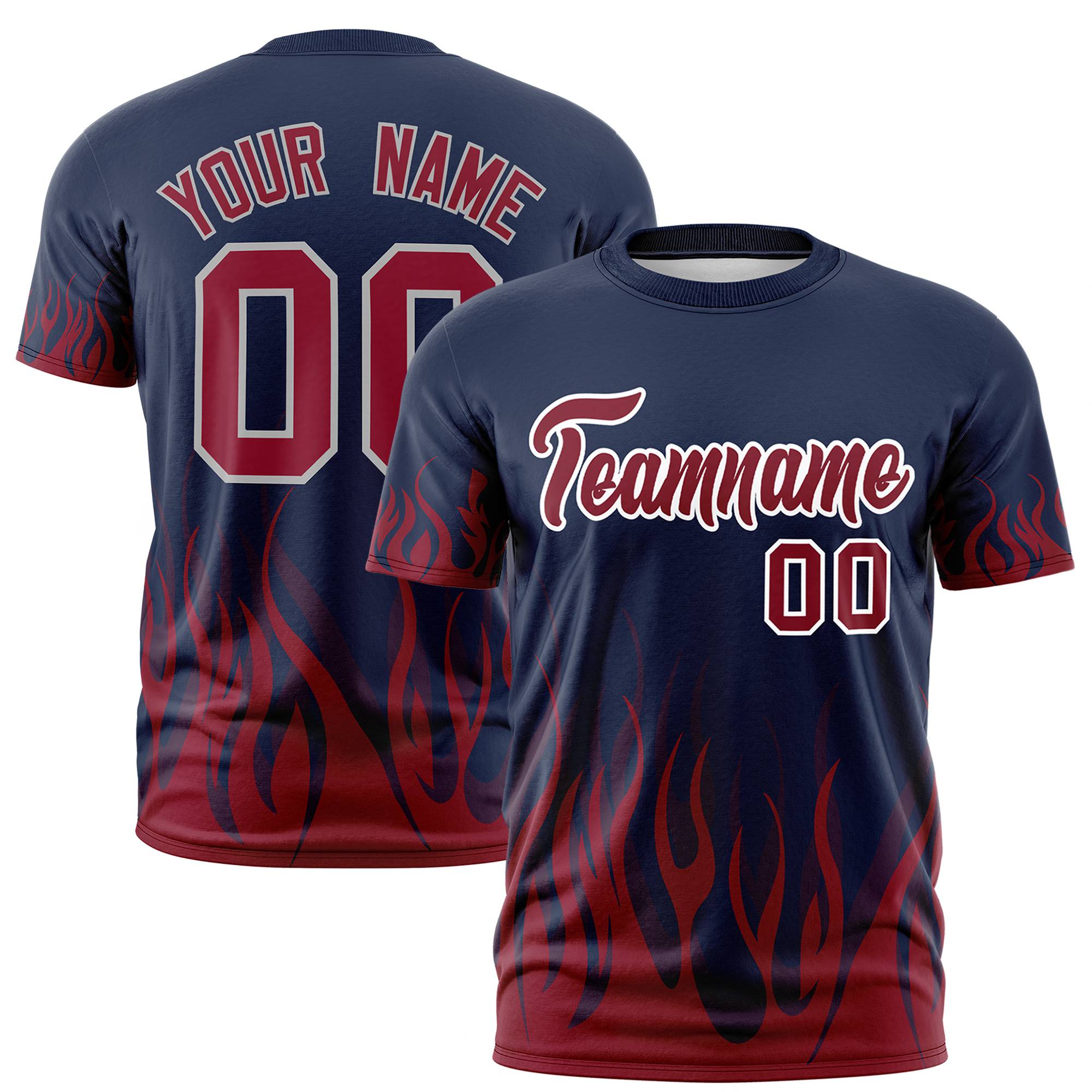 Custom Navy Crimson 3D Pattern Design Flame Performance T-Shirt