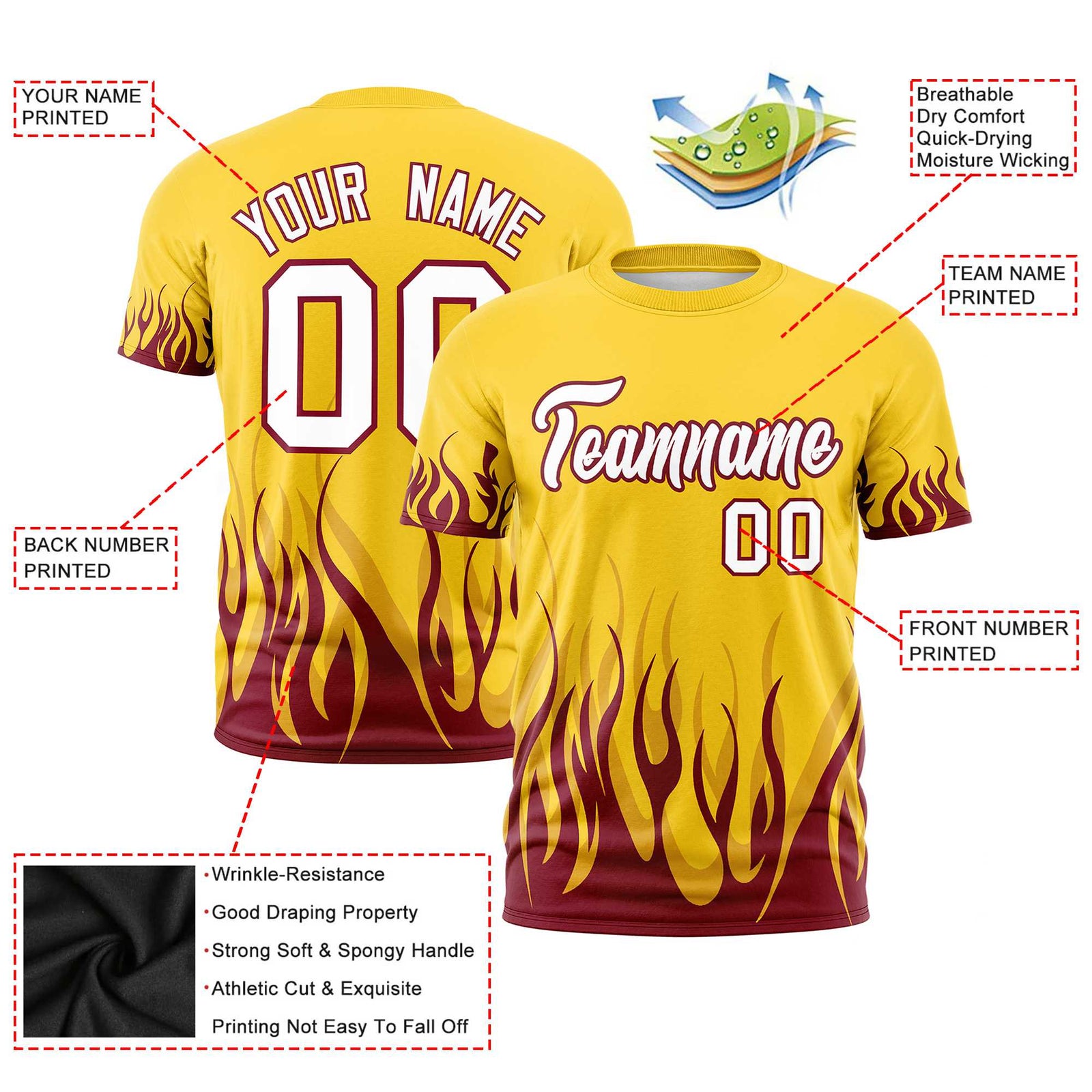 Custom Gold-01 Crimson 3D Pattern Design Flame Performance T-Shirt