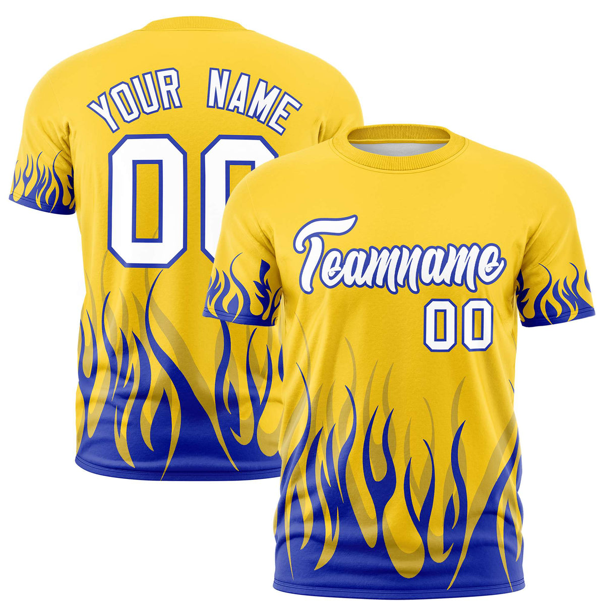 Custom Gold-01 Royal Blue 3D Pattern Design Flame Performance T-Shirt