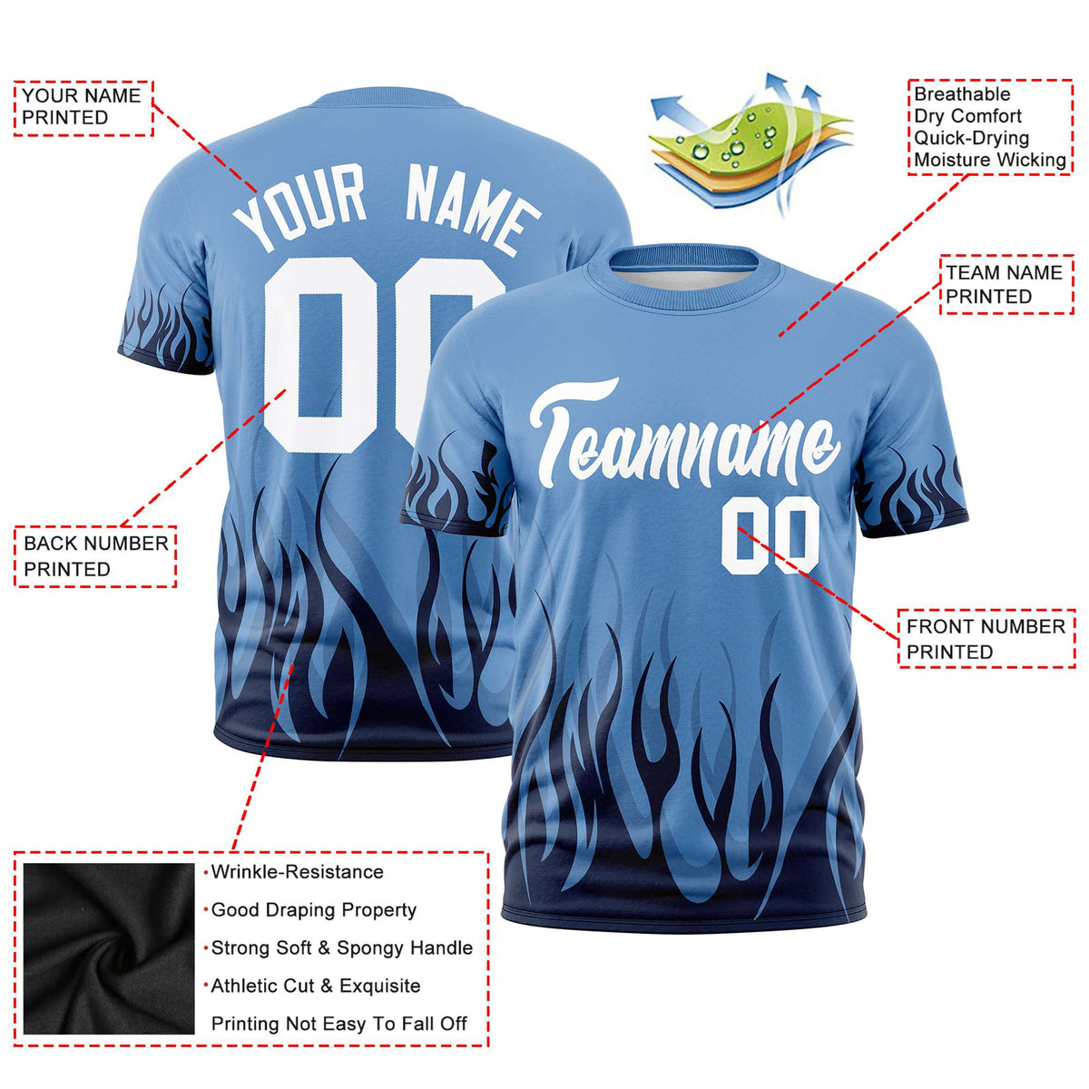 Custom Powder Blue Black 3D Pattern Design Flame Performance T-Shirt