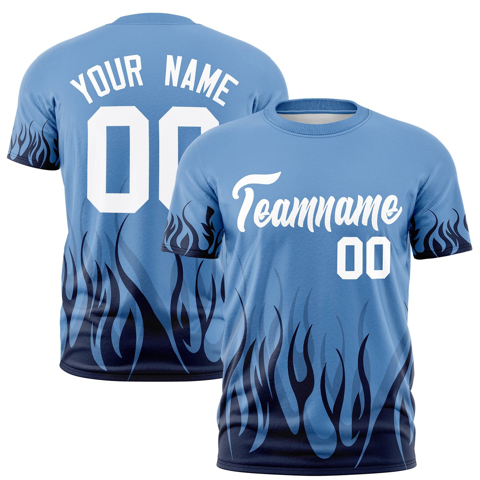 Custom Powder Blue Black 3D Pattern Design Flame Performance T-Shirt