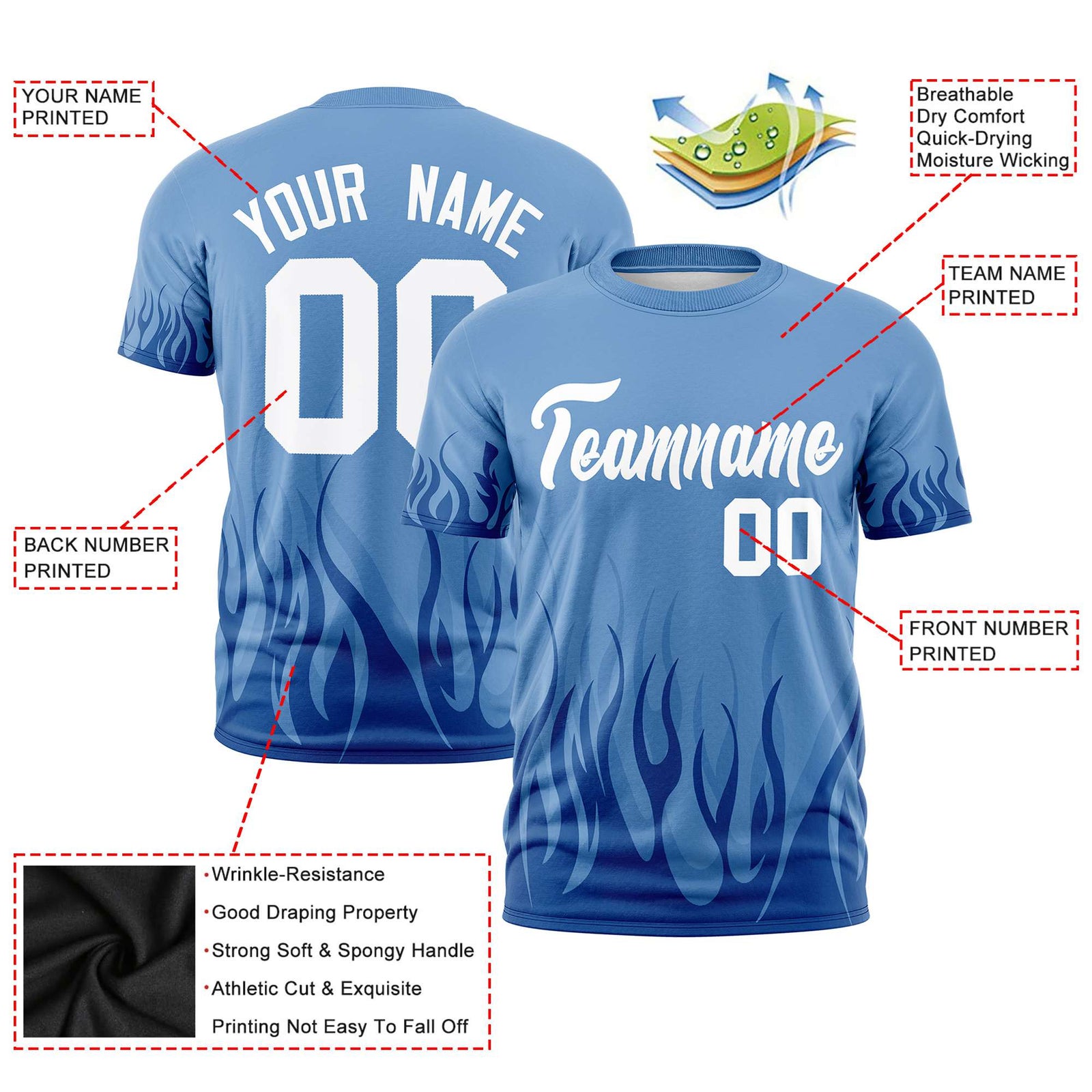 Custom Powder Blue Royal Blue 3D Pattern Design Flame Performance T-Shirt