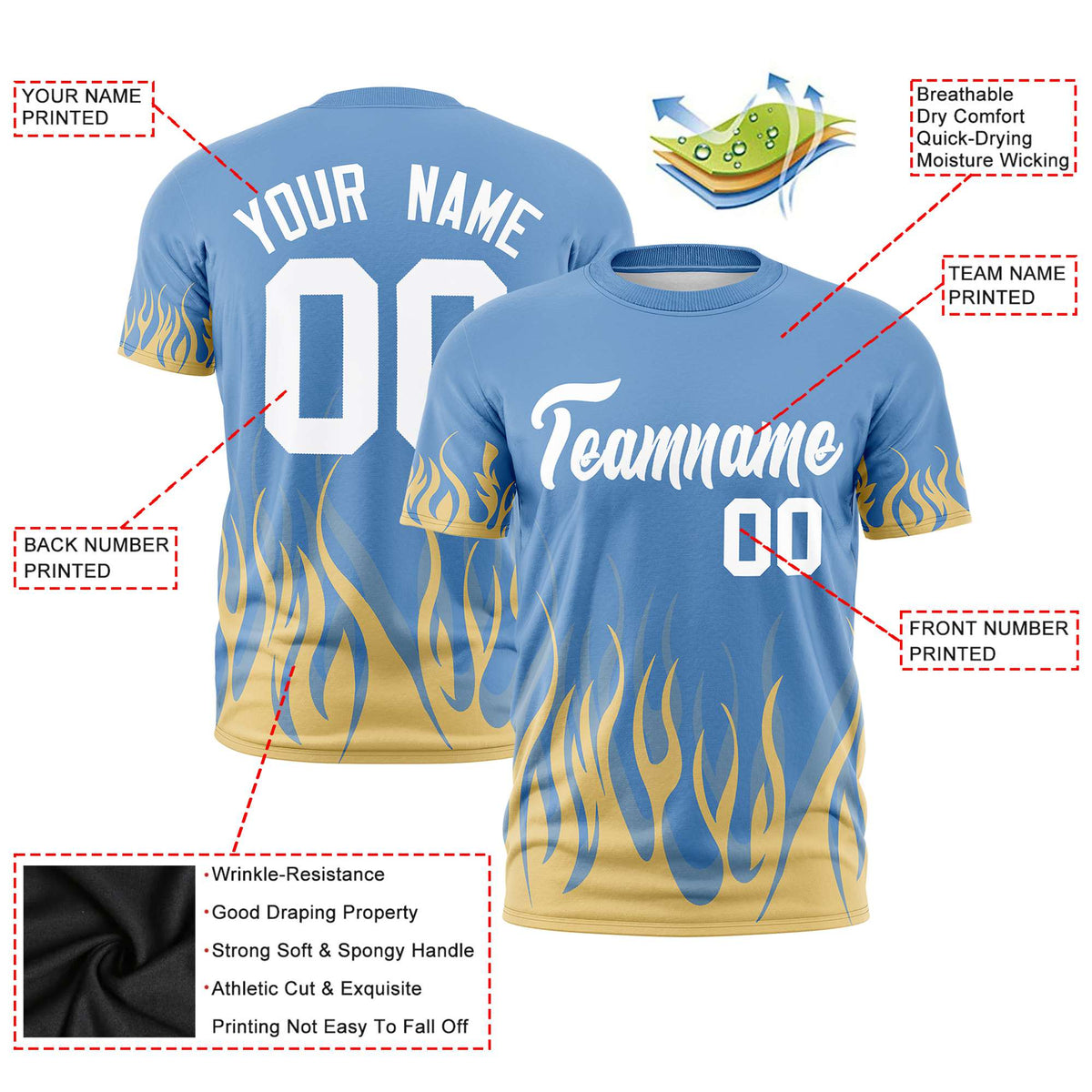 Custom Powder Blue Khaki 3D Pattern Design Flame Performance T-Shirt