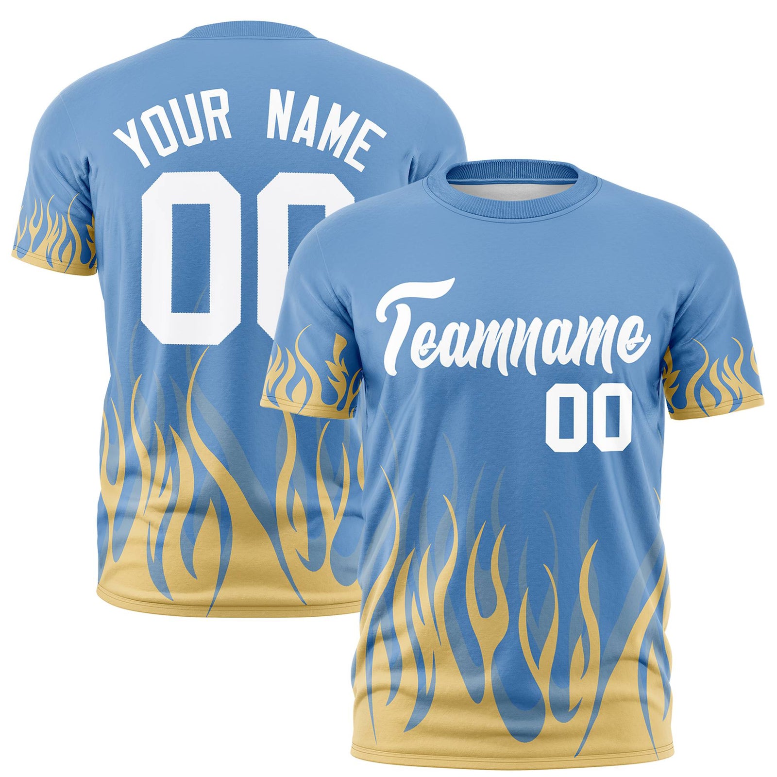 Custom Powder Blue Khaki 3D Pattern Design Flame Performance T-Shirt