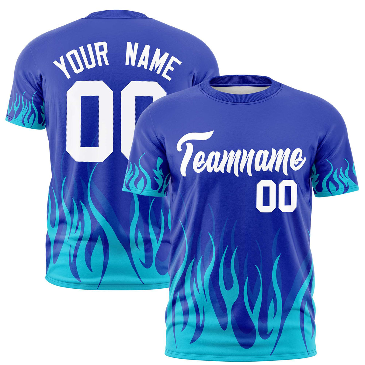 Custom Royal Blue Sky Blue 3D Pattern Design Flame Performance T-Shirt