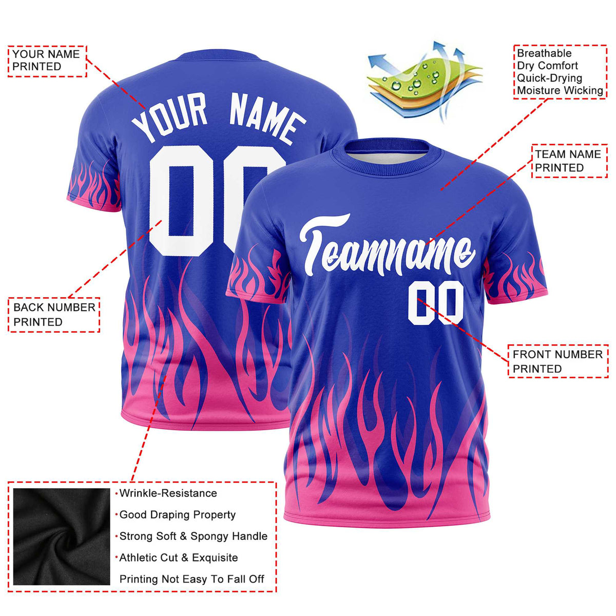 Custom Royal Blue Pink 3D Pattern Design Flame Performance T-Shirt