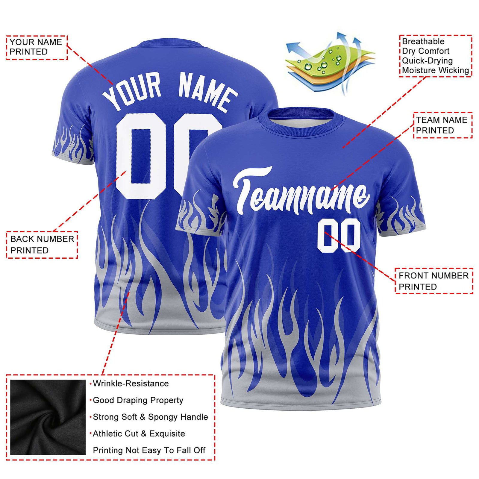 Custom Royal Blue Gray 3D Pattern Design Flame Performance T-Shirt