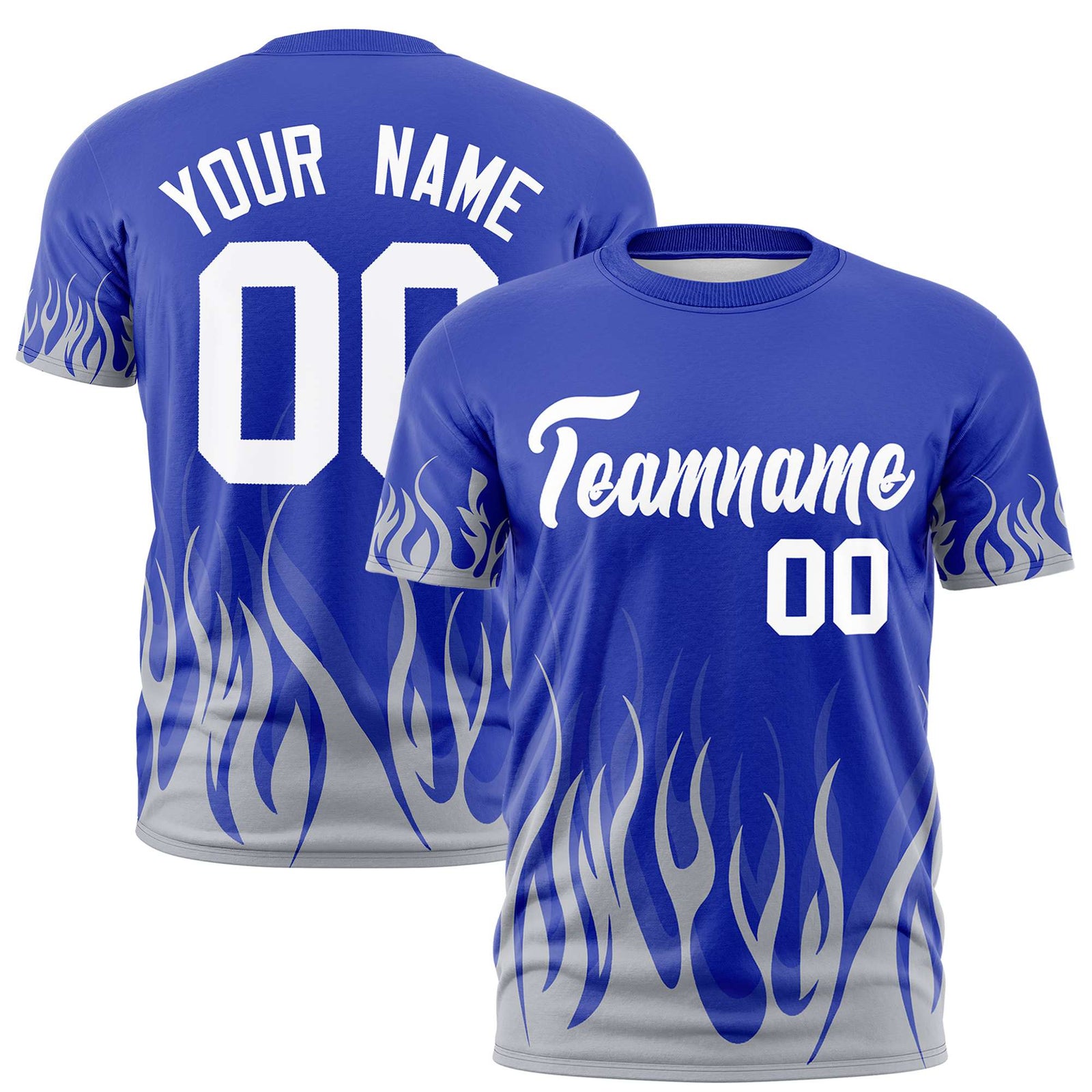 Custom Royal Blue Gray 3D Pattern Design Flame Performance T-Shirt