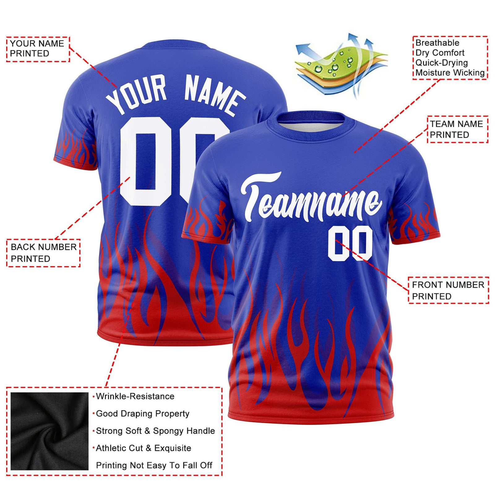 Custom Royal Blue Red 3D Pattern Design Flame Performance T-Shirt