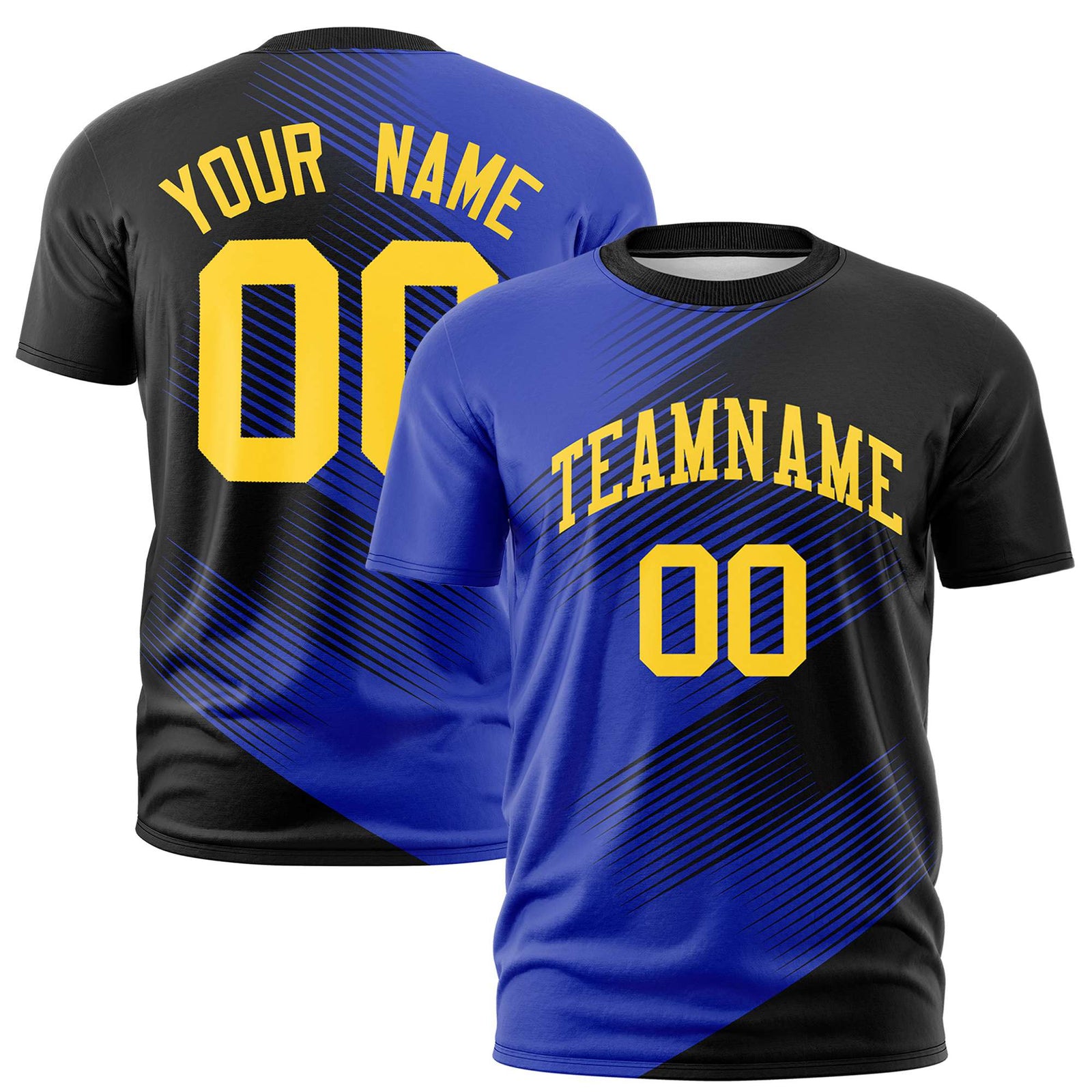 Custom Black Royal Blue 3D Pattern Design Gradient Slope Shapes Performance T-Shirt
