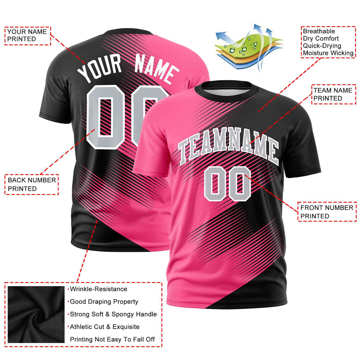 Custom Black Pink 3D Pattern Design Gradient Slope Shapes Performance T-Shirt