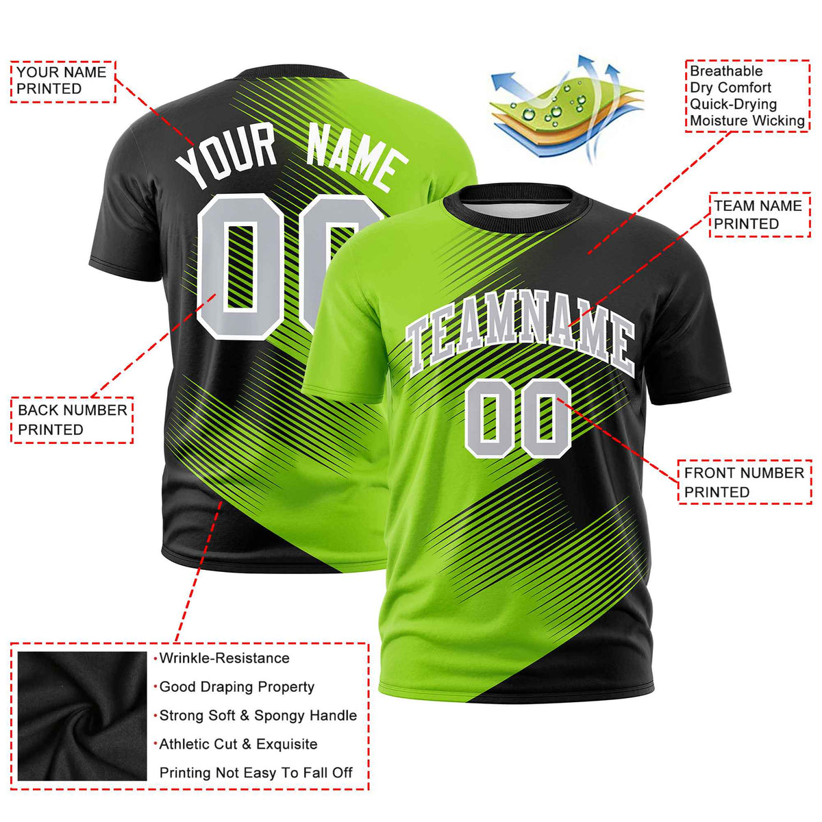 Custom Black Neon Green 3D Pattern Design Gradient Slope Shapes Performance T-Shirt