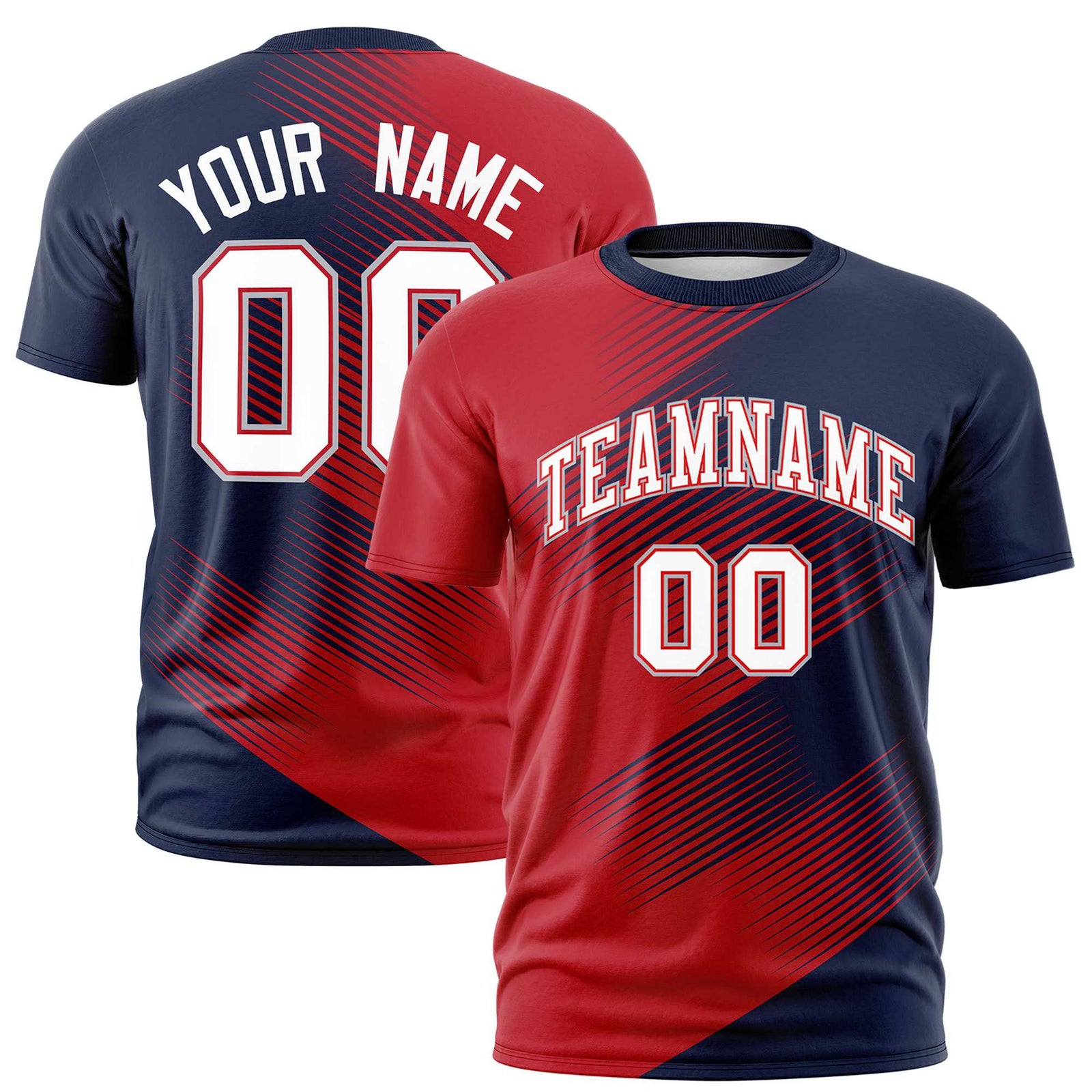 Custom Navy Red 3D Pattern Design Gradient Slope Shapes Performance T-Shirt