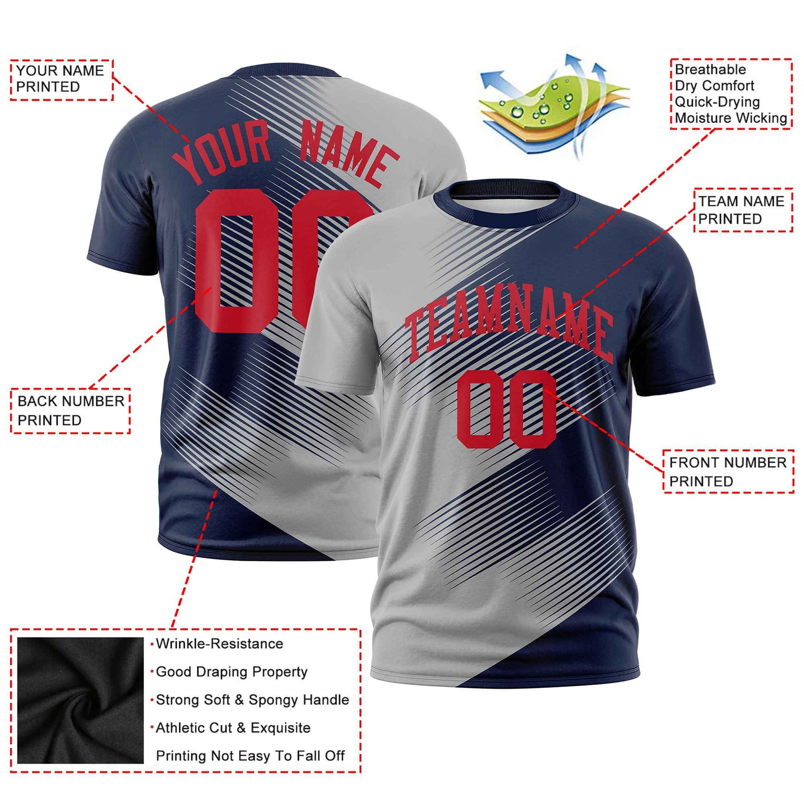 Custom Navy Gray 3D Pattern Design Gradient Slope Shapes Performance T-Shirt