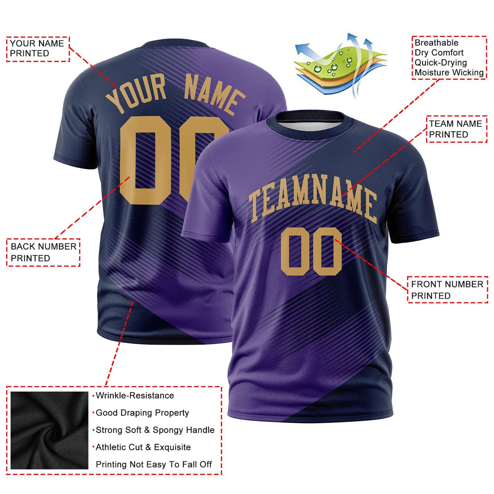 Custom Navy Purple 3D Pattern Design Gradient Slope Shapes Performance T-Shirt