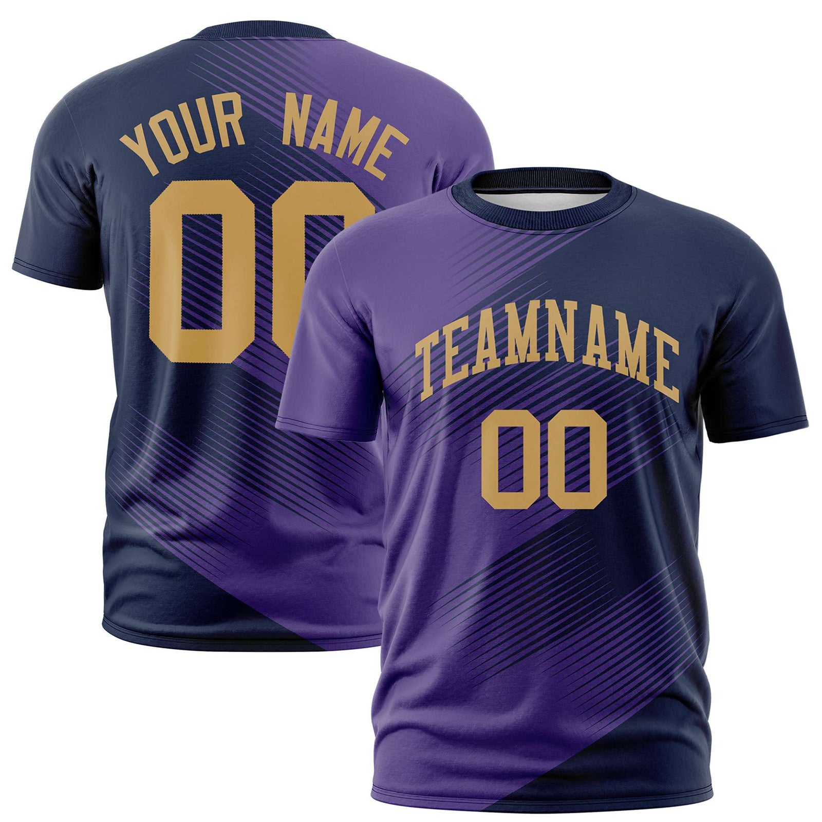 Custom Navy Purple 3D Pattern Design Gradient Slope Shapes Performance T-Shirt