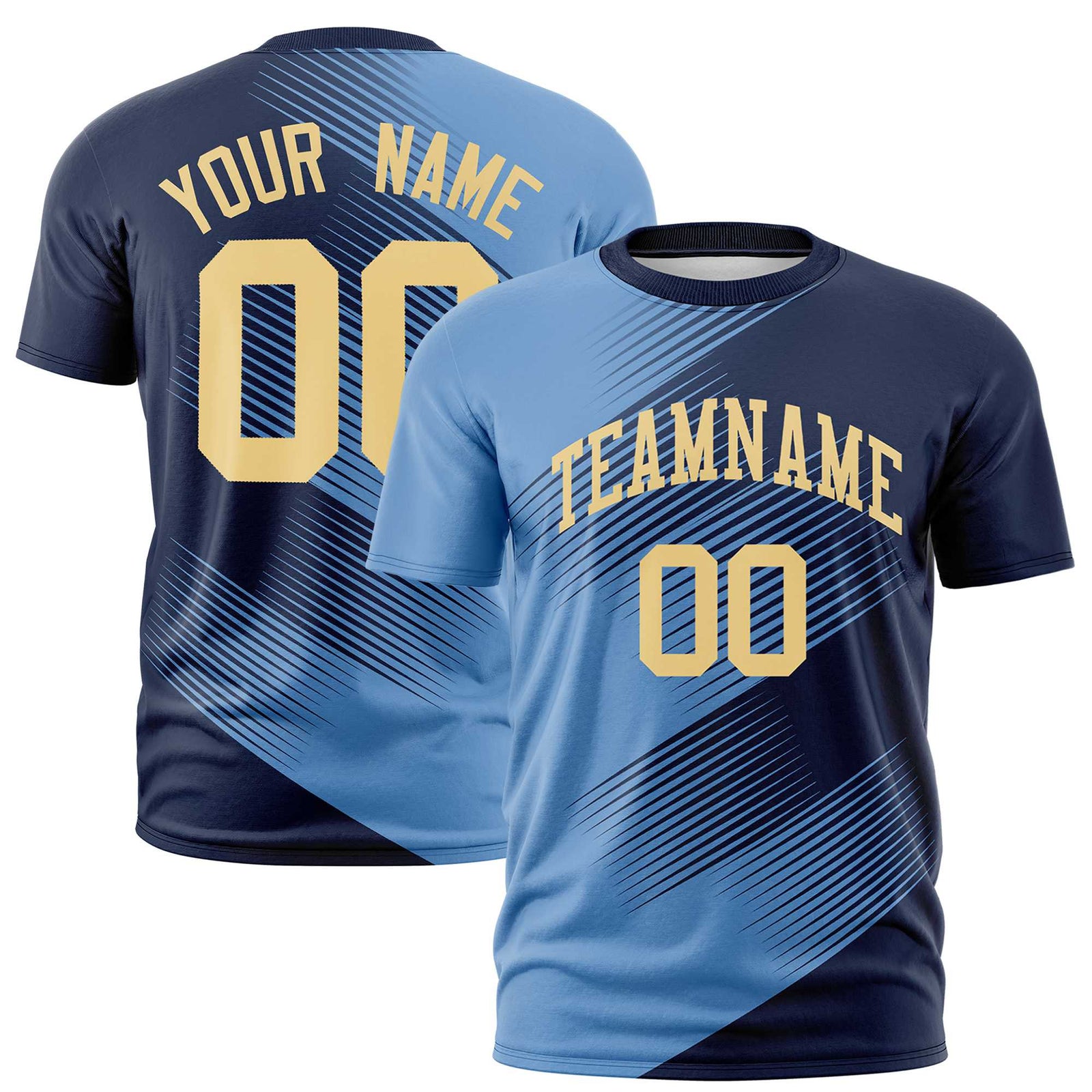 Custom Navy Powder Blue 3D Pattern Design Gradient Slope Shapes Performance T-Shirt