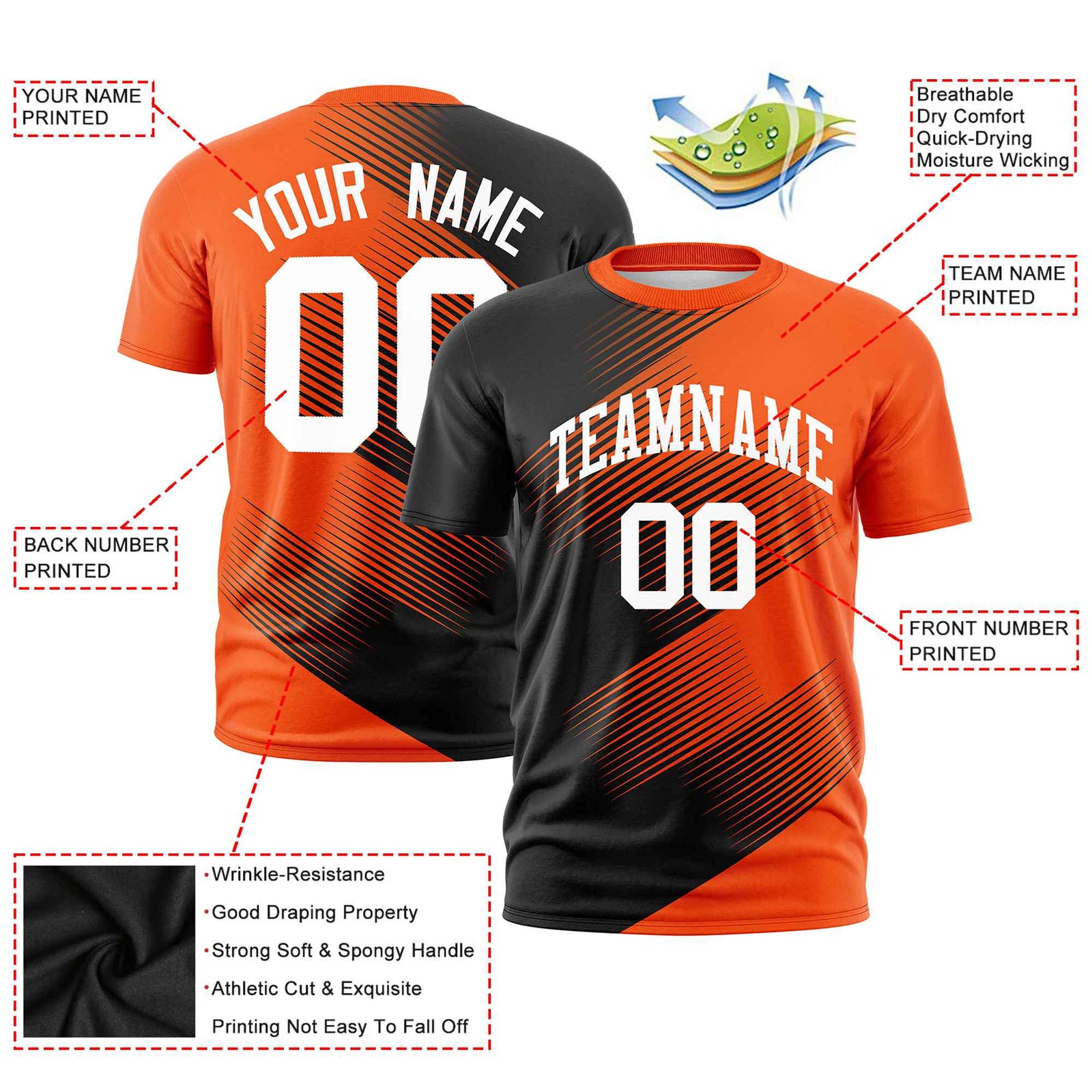 Custom Black Orange 3D Pattern Design Gradient Slope Shapes Performance T-Shirt