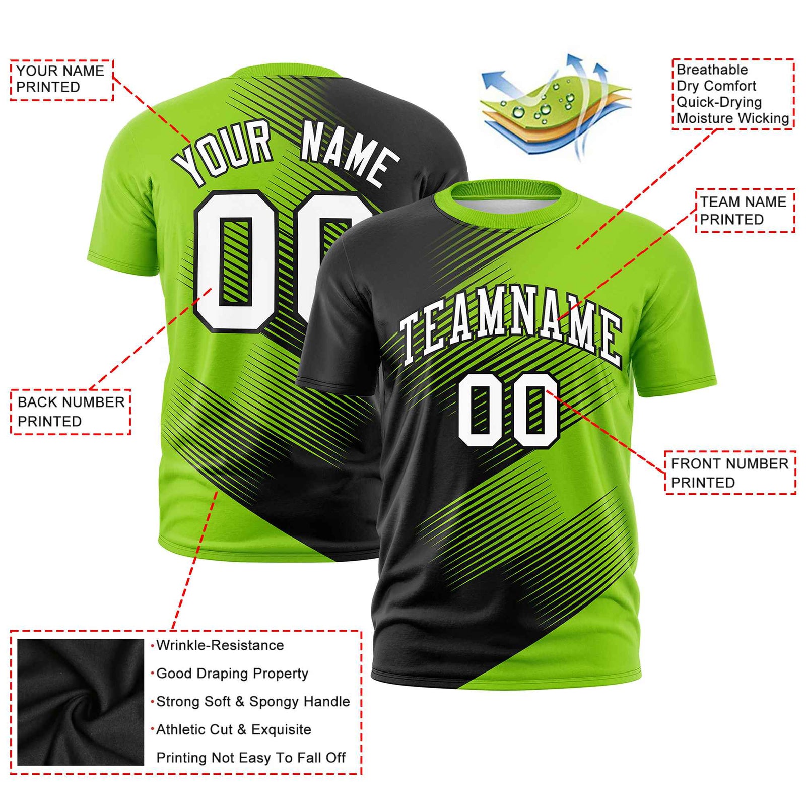 Custom Black Neon Green 3D Pattern Design Gradient Slope Shapes Performance T-Shirt
