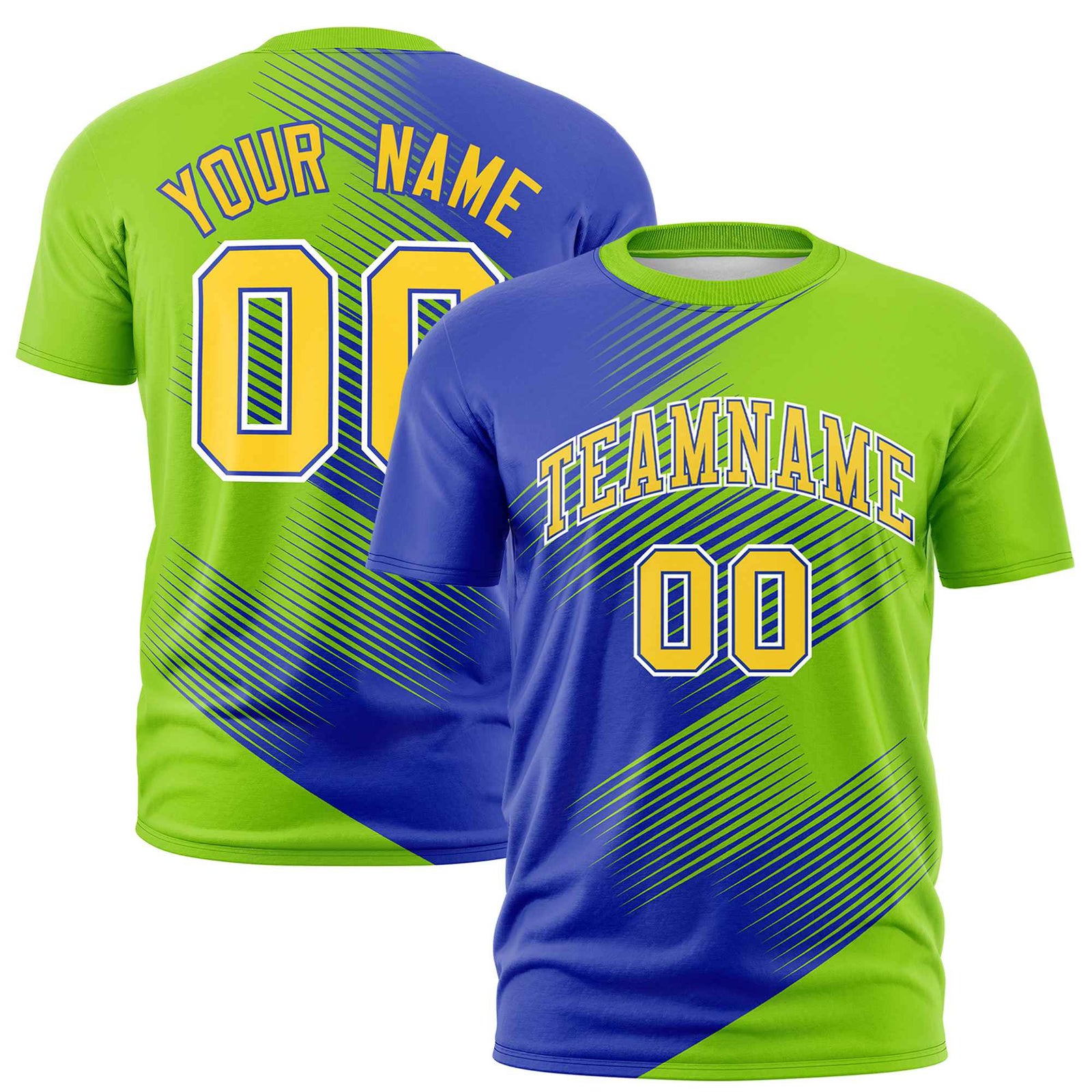 Custom Royal Blue Neon Green 3D Pattern Design Gradient Slope Shapes Performance T-Shirt