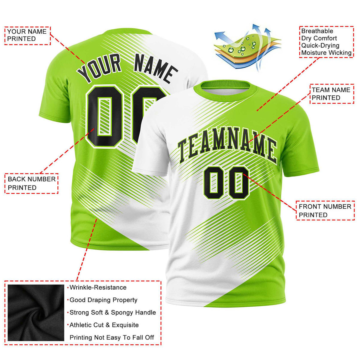 Custom White Neon Green 3D Pattern Design Gradient Slope Shapes Performance T-Shirt