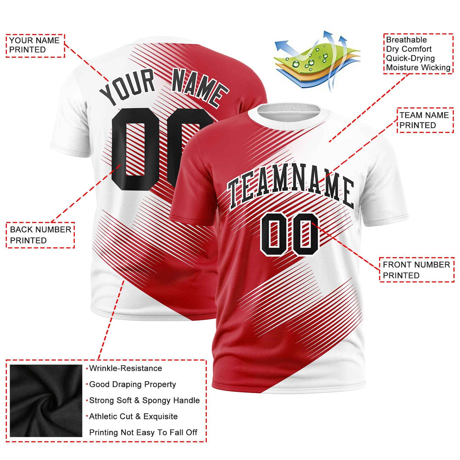 Custom White Red 3D Pattern Design Gradient Slope Shapes Performance T-Shirt