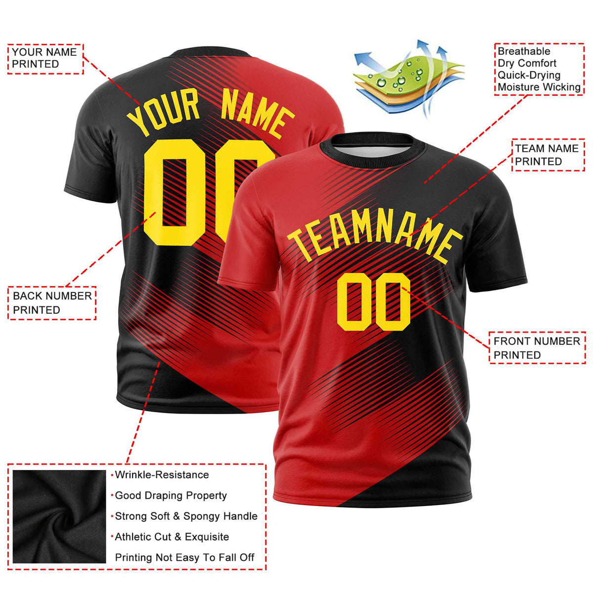 Custom Black Red 3D Pattern Design Gradient Slope Shapes Performance T-Shirt