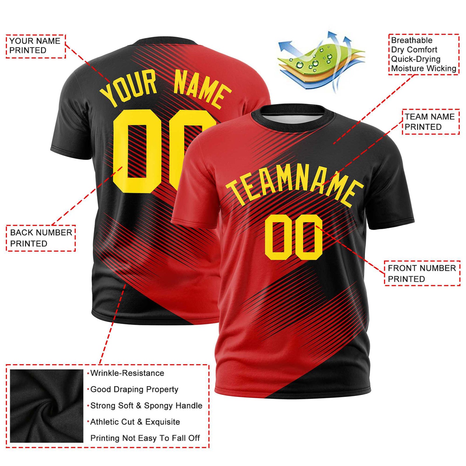 Custom Black Red 3D Pattern Design Gradient Slope Shapes Performance T-Shirt