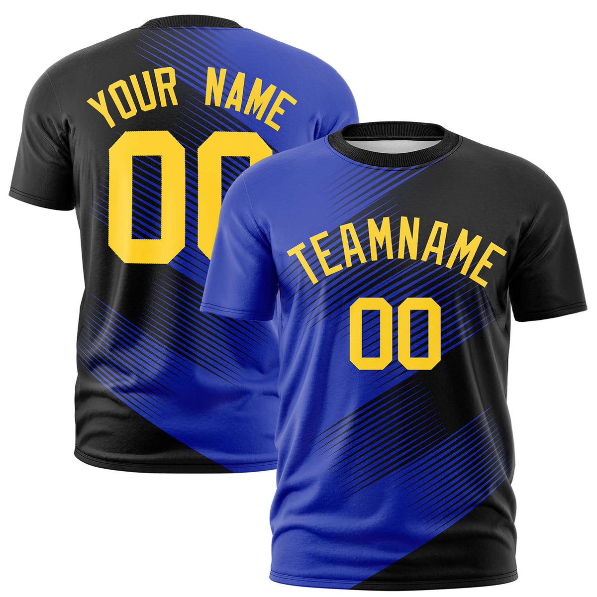 Custom Black Royal Blue 3D Pattern Design Gradient Slope Shapes Performance T-Shirt
