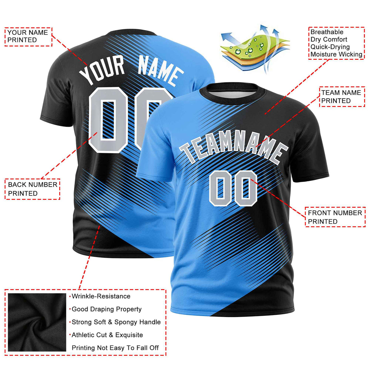 Custom Black Powder Blue 3D Pattern Design Gradient Slope Shapes Performance T-Shirt