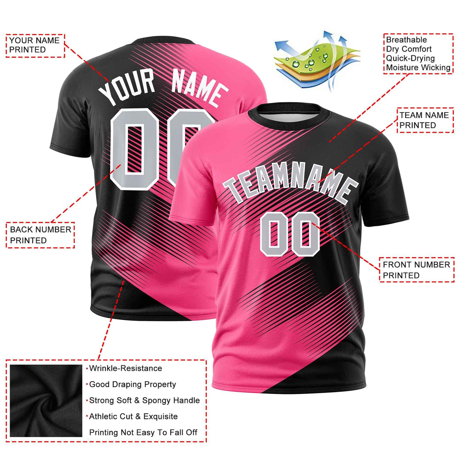 Custom Black Pink 3D Pattern Design Gradient Slope Shapes Performance T-Shirt