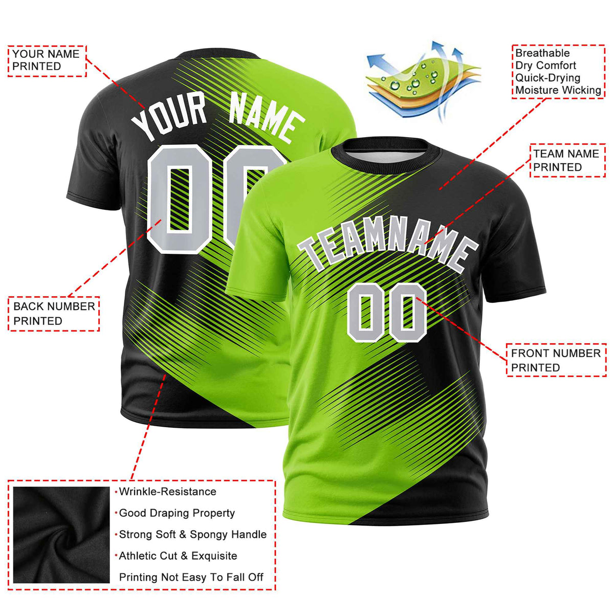 Custom Black Neon Green 3D Pattern Design Gradient Slope Shapes Performance T-Shirt