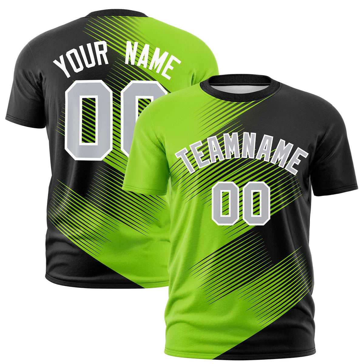 Custom Black Neon Green 3D Pattern Design Gradient Slope Shapes Performance T-Shirt