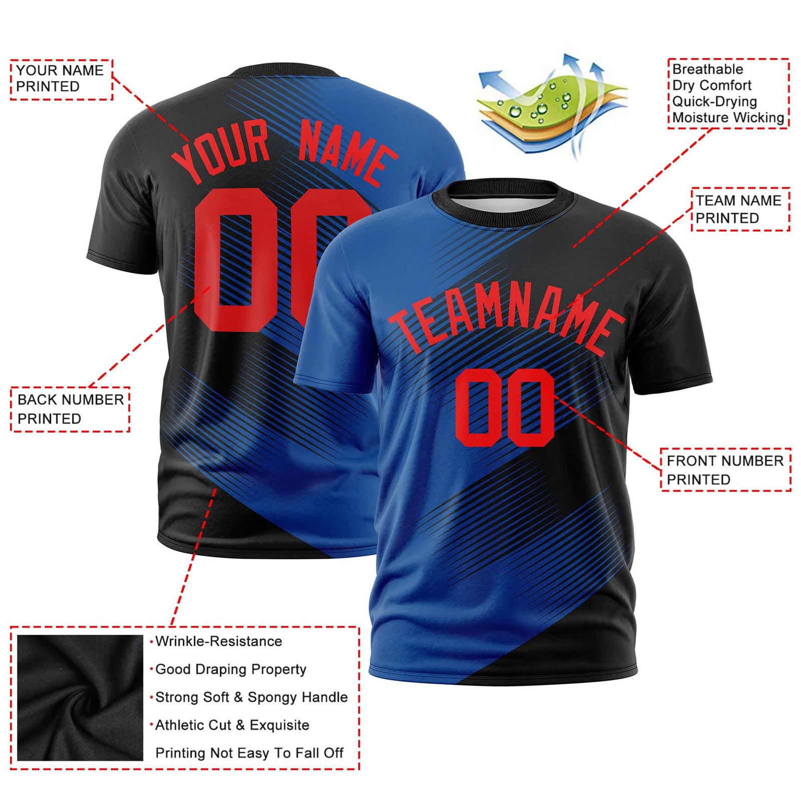 Custom Black Royal Blue 3D Pattern Design Gradient Slope Shapes Performance T-Shirt