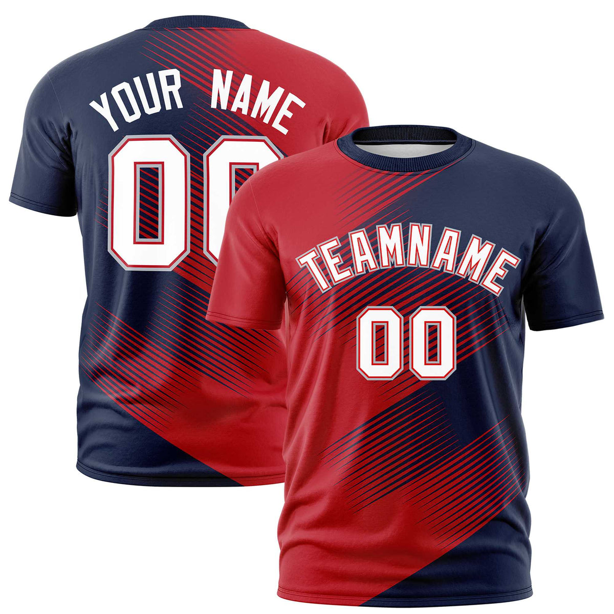 Custom Navy Red 3D Pattern Design Gradient Slope Shapes Performance T-Shirt