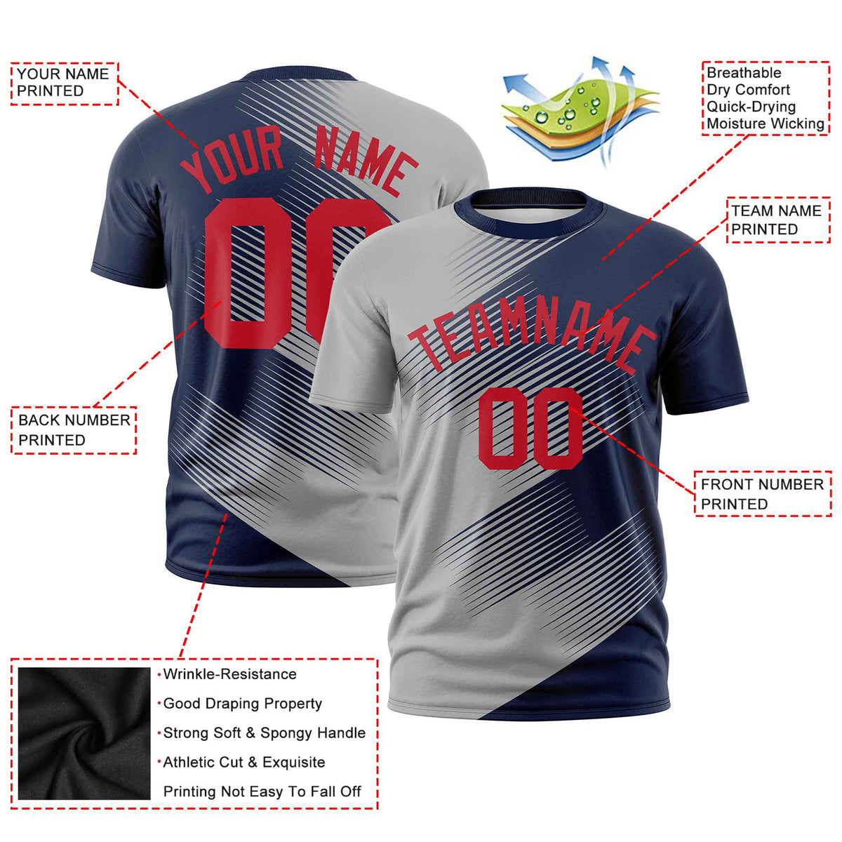 Custom Navy Gray 3D Pattern Design Gradient Slope Shapes Performance T-Shirt